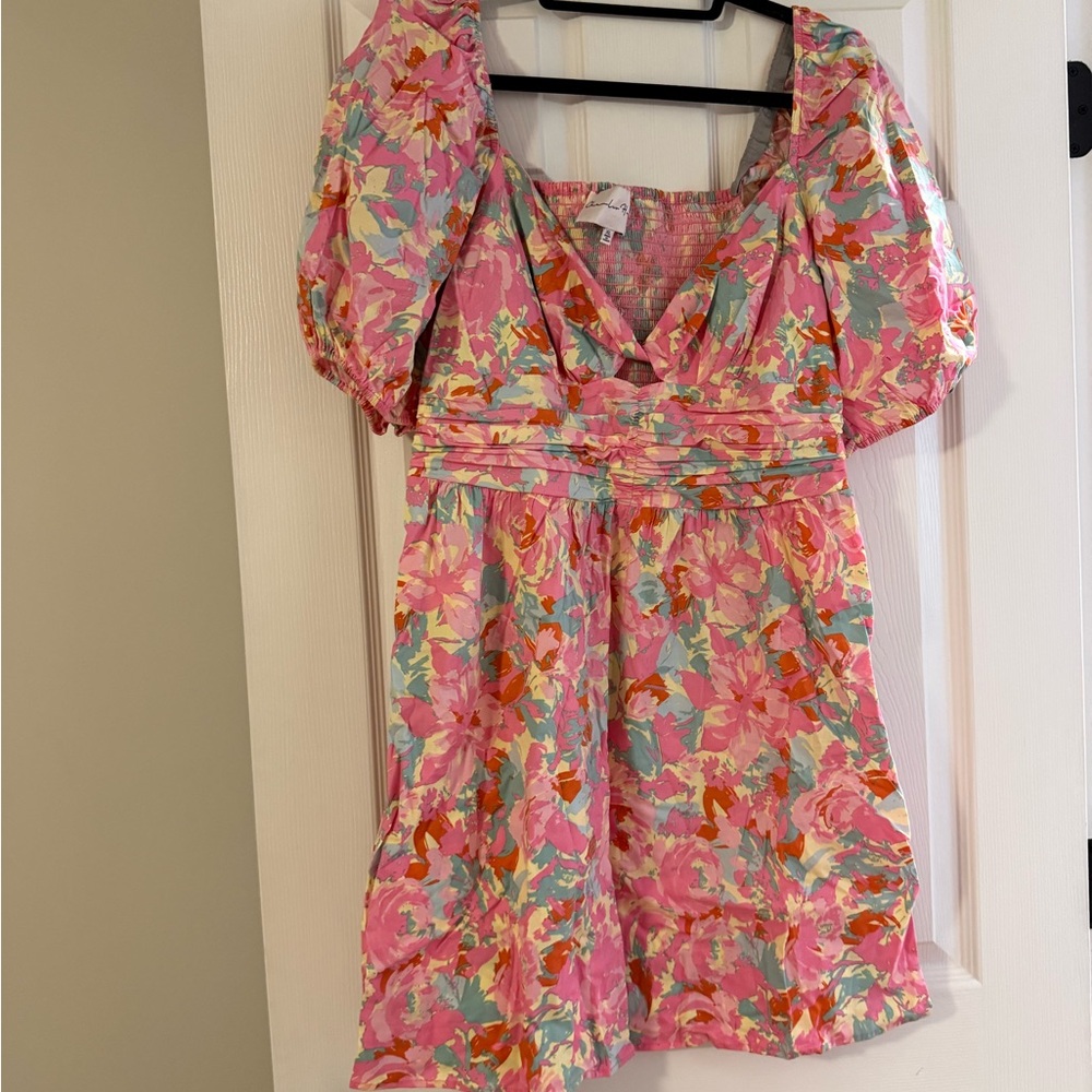 Charles Henry Pink Floral Puff Sleeve Mini Dress